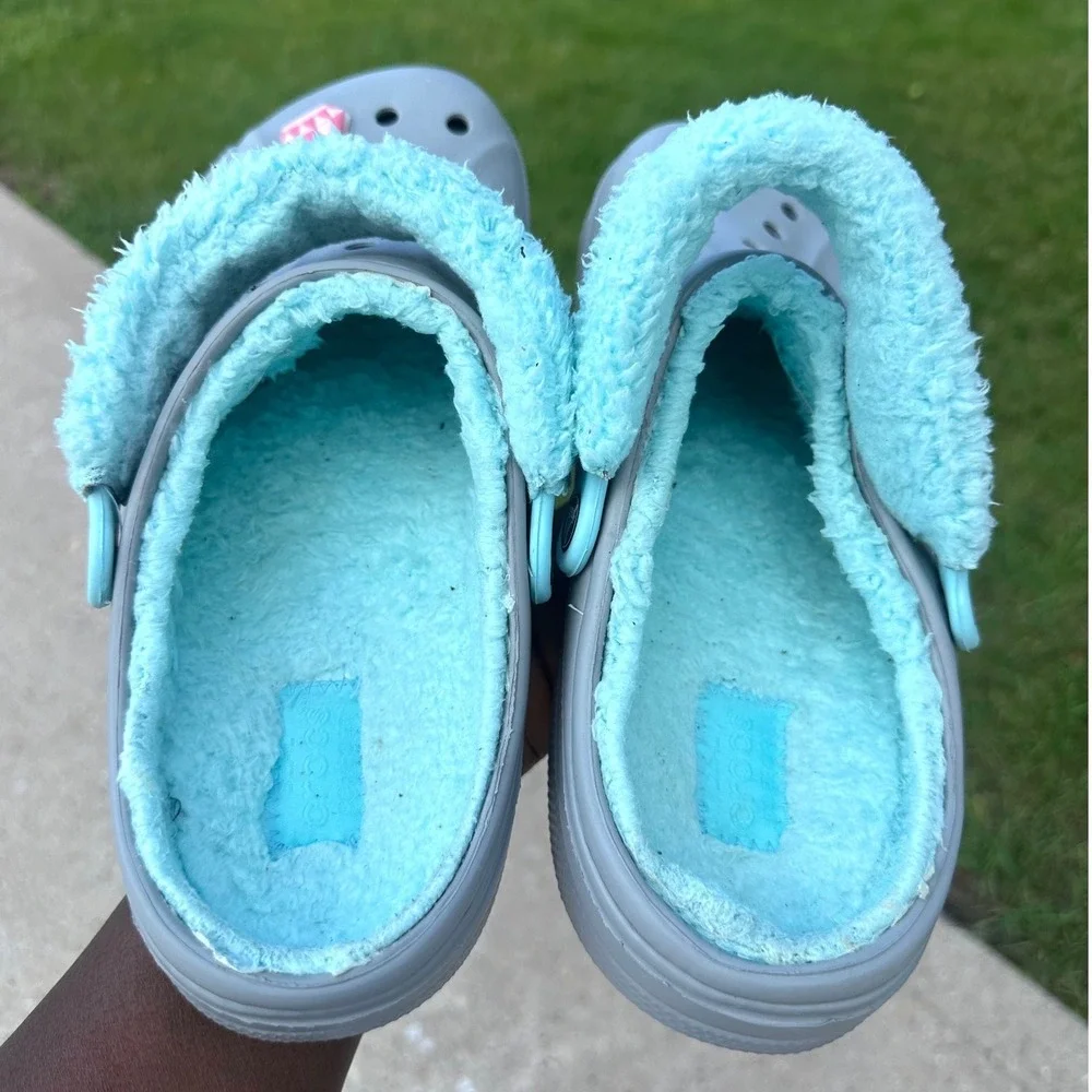 Crocs Adult Baya Lined Fuzzy Strap Clogs Size M11 Gray Aqua Blue Sandals